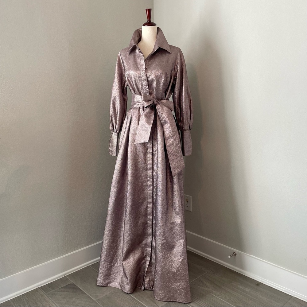 Teri Jon Metallic Mauve Maxi Shirt Dress with Tie Waist